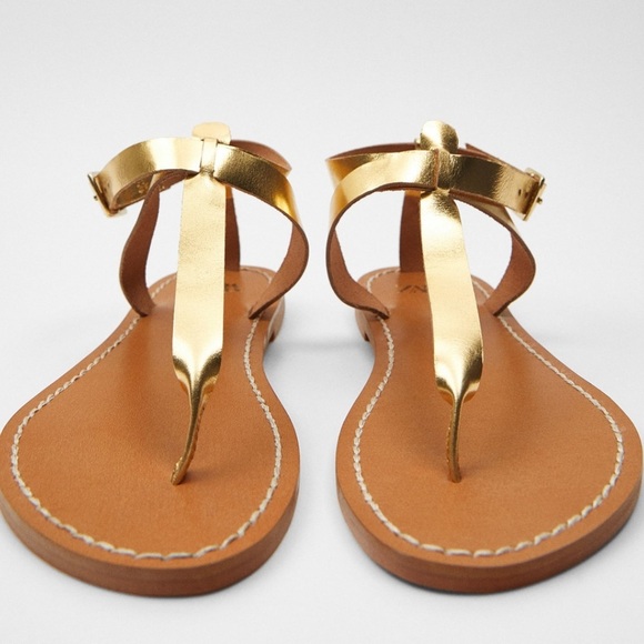 ZARA Flat Laminated Leather Sandals - Picture 1 of 6